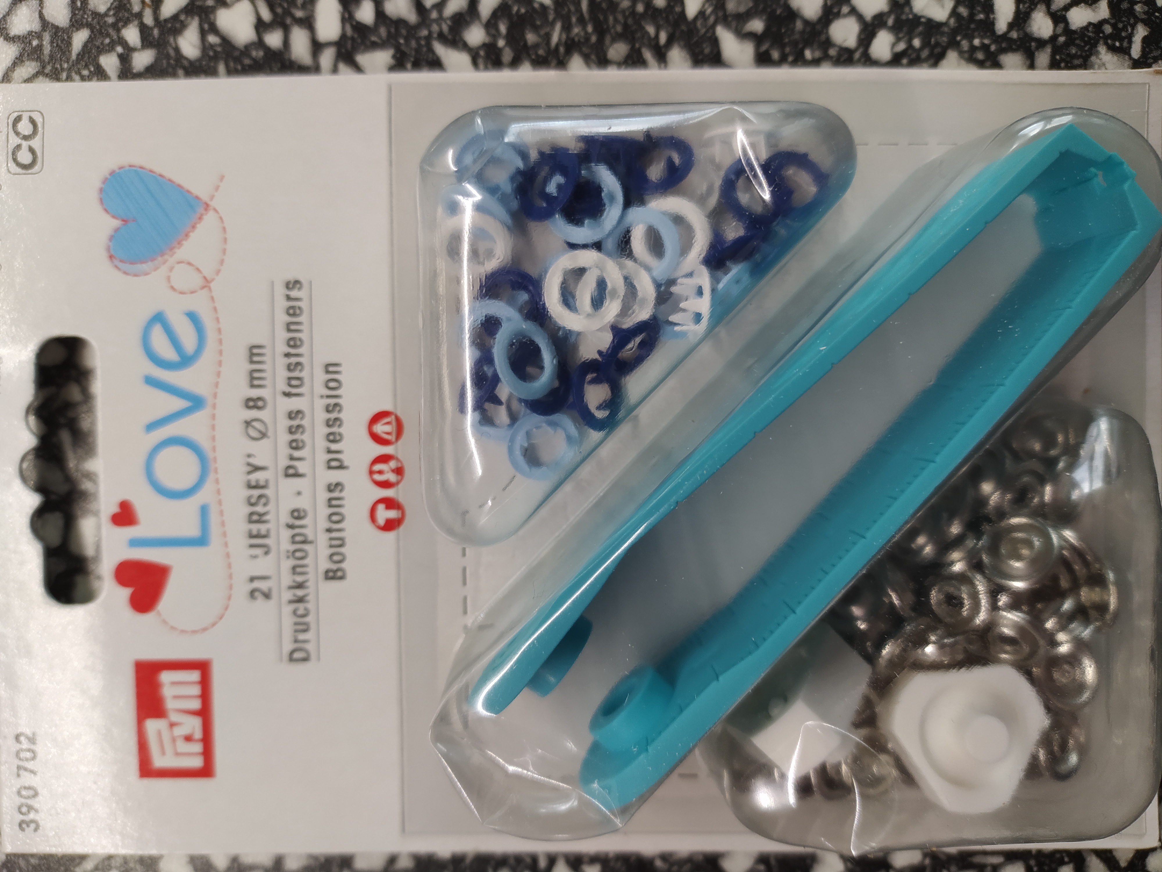 Knoflík stiskací Jersey 8 mm Prym Love modrá/sv.modrá/bílá