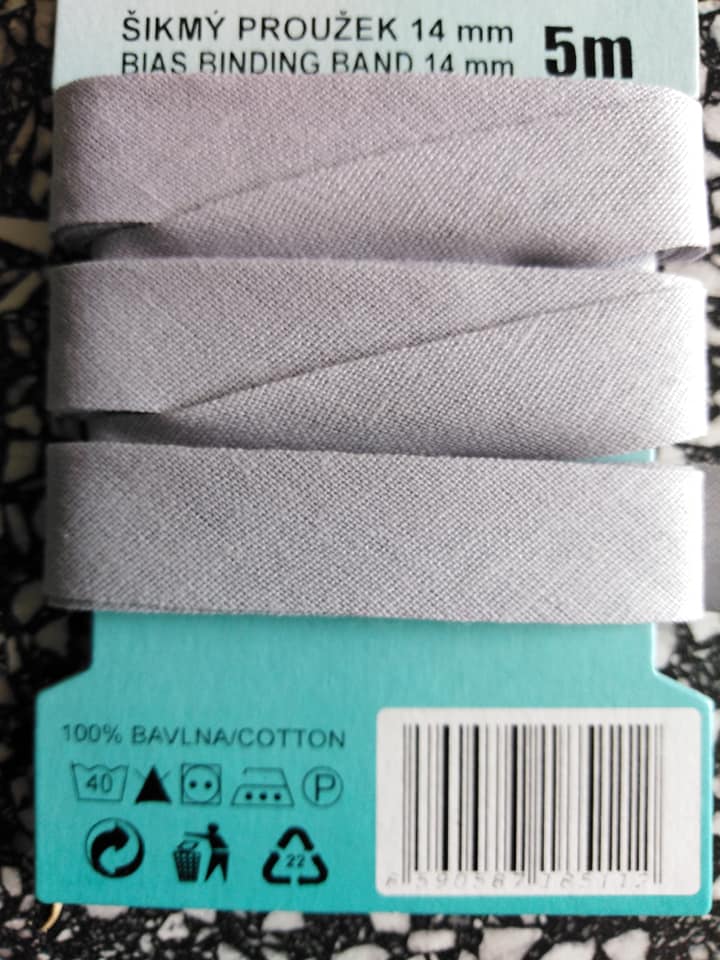Šikmý proužek 14 mm bavlněný karta 5 m světle šedý