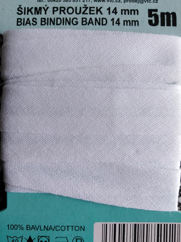 Šikmý proužek 14 mm bavlněný založený bílý