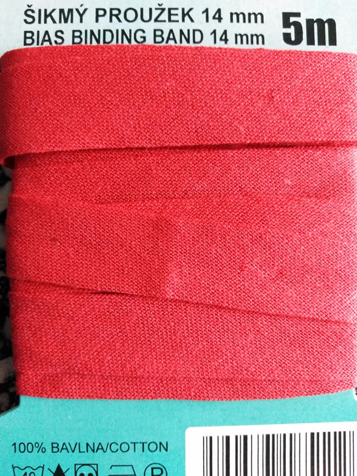 Šikmý proužek 14 mm bavlněný karta 5 m červený