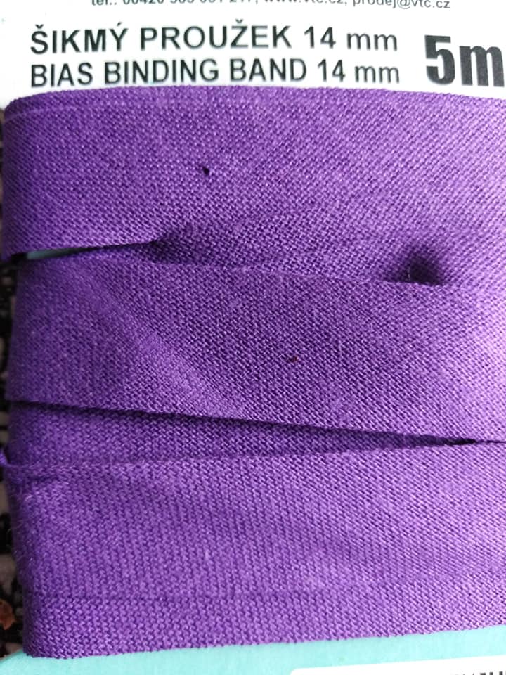 Šikmý proužek 14 mm bavlněný karta 5 m tmavě fialový