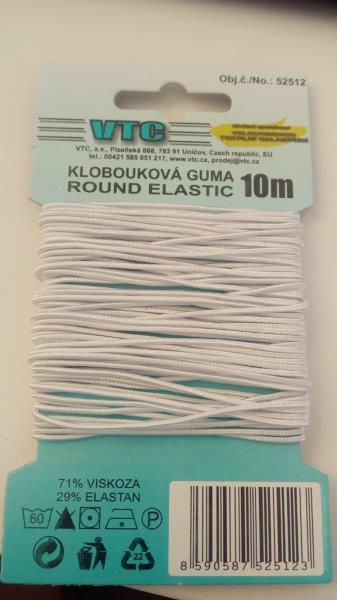 Klobouková guma 1,2 mm - karta 10 m bílá