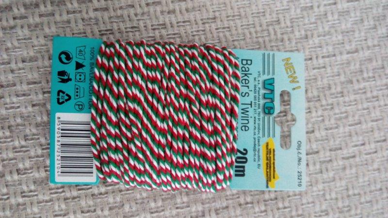 Šňůra stáčená 2 mm Baker´s Twine 20 m bílá+červená+zelená